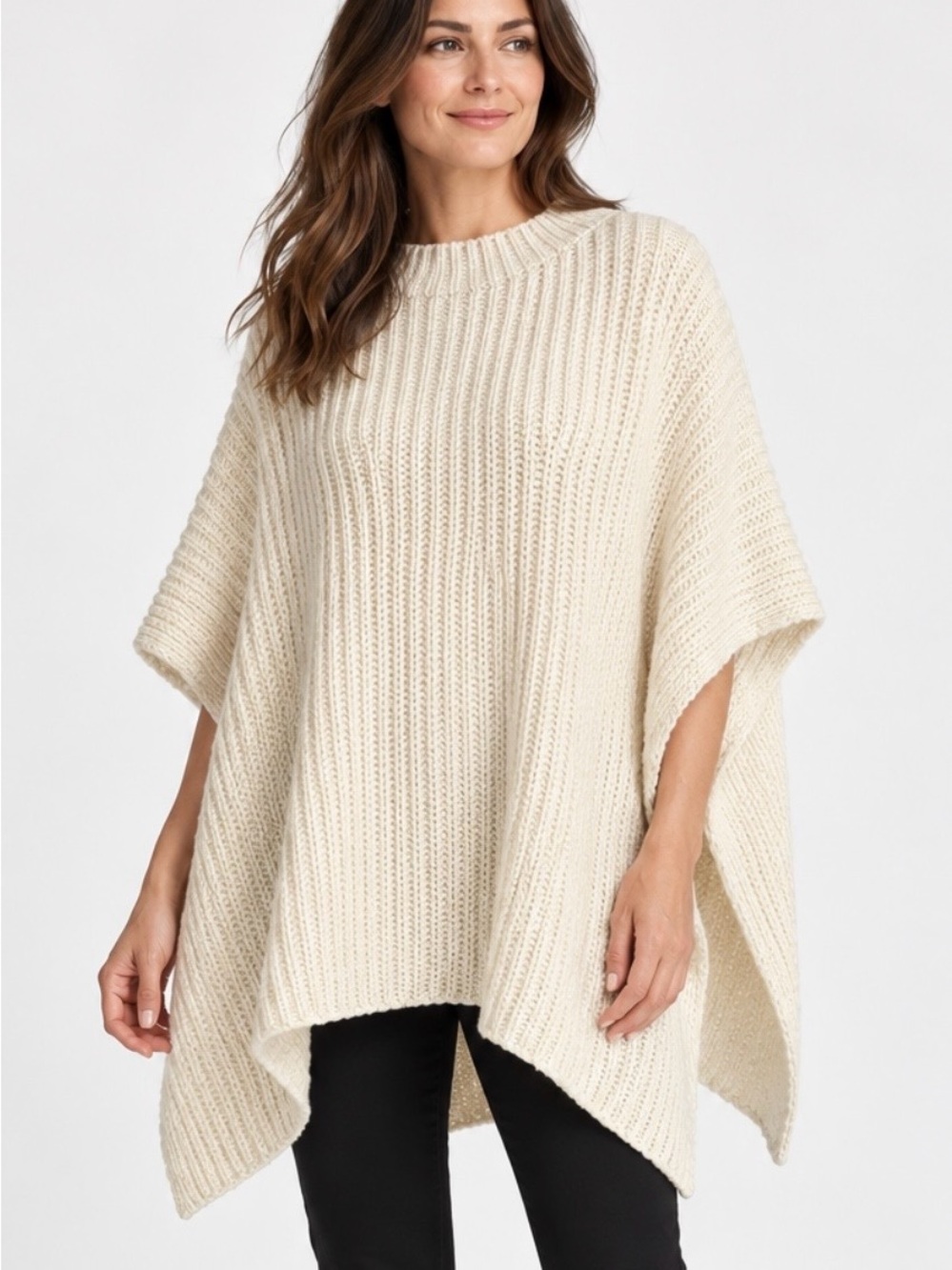 : Eileen Fisher Ivory Ribbed Knit Poncho Sweater S/M Organic Cotton